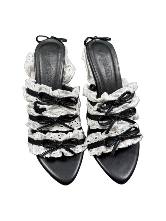 Sugar Thrillz Shoes - Women's Black & White Coquette Ruffle Bow Slide Heels